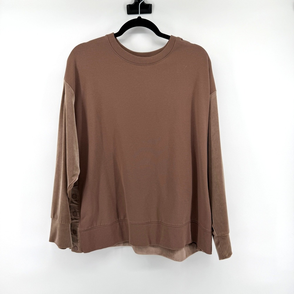 Athleta Sweatshirt Mixed Media Velour XL Brown Womens Snap‎ Side Athleisure